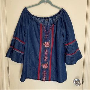 BOHO DENIM EMBROIDERED BELL-SLEEVE TOP-L